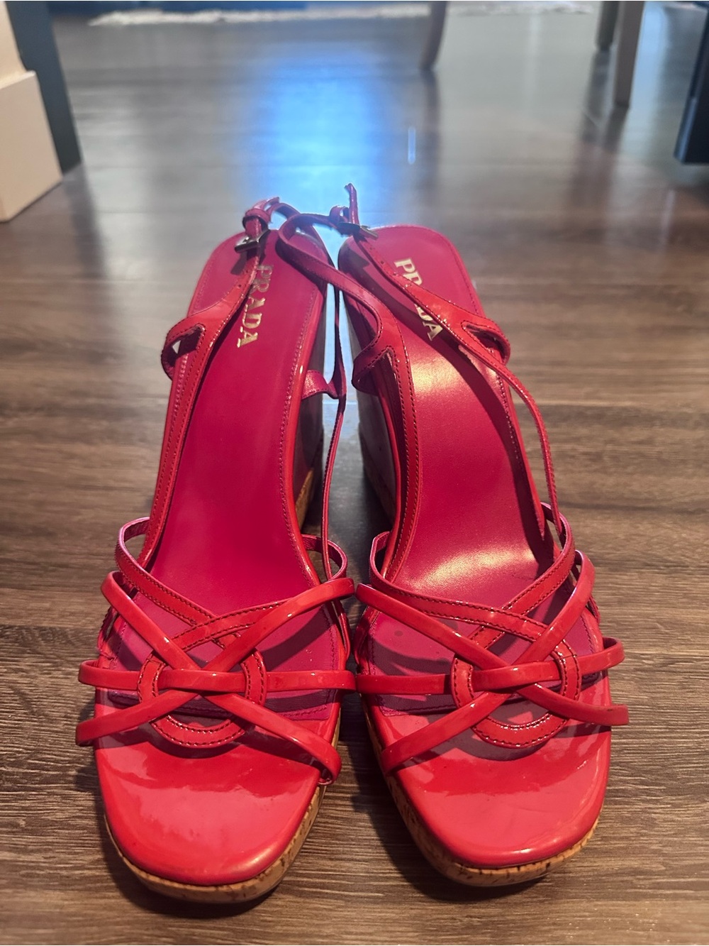 Prada Glossy Red Strappy Wedge Heels